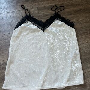 Black and white velvet tank top with lace trim